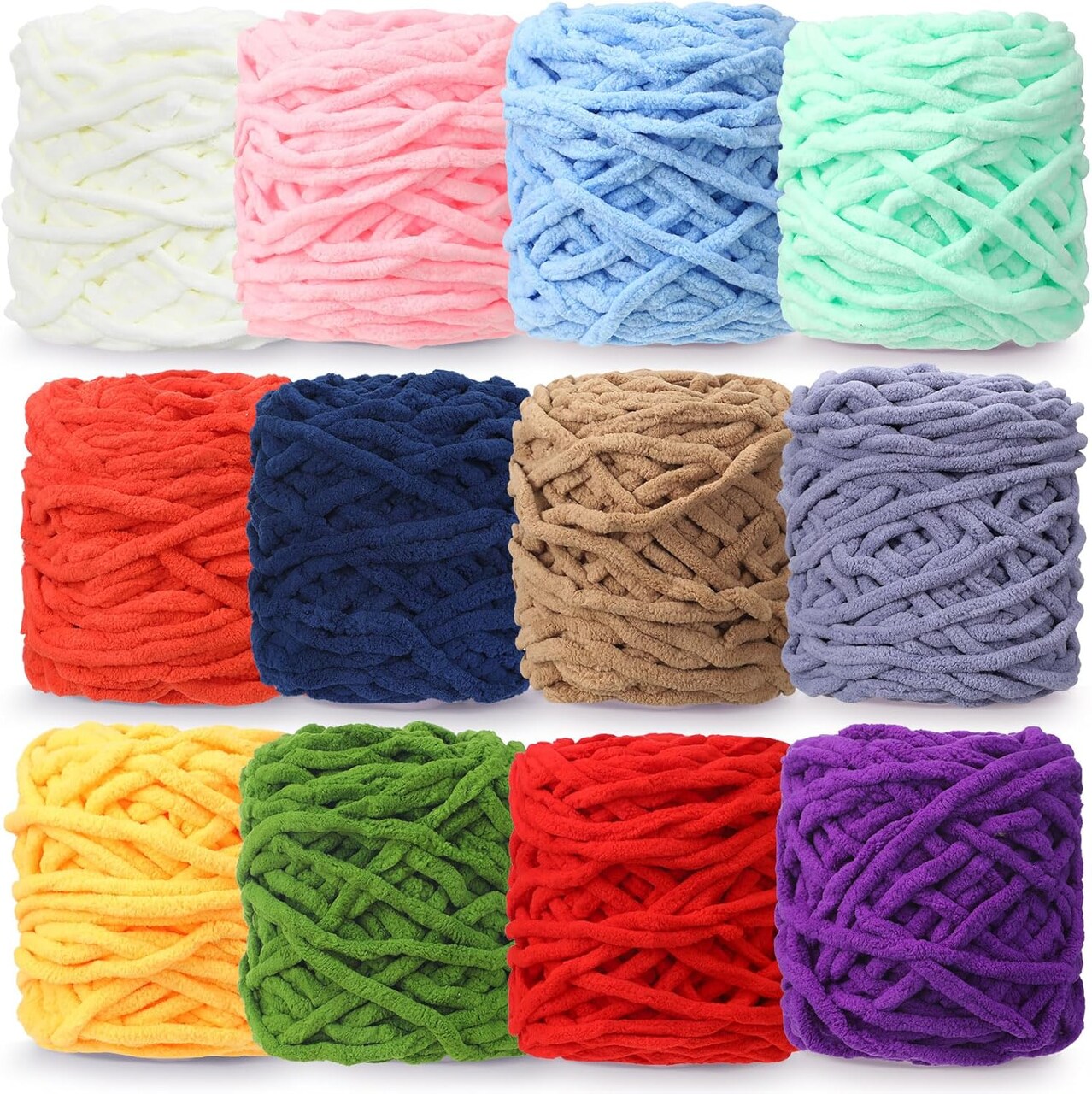 Chunky Chenille Yarn for Crocheting – Soft Thick Fluffy Velvet Yarn for Hand Knitting, Bulky Plush Blanket & DIY Crafts, 12 Pack, 3.5 oz / 55 Yards Each (Classic Colors)